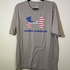 Under Armour Mens‎ Large Gray T-shirt Heat Gear Red White Blue Logo shirt sleeve